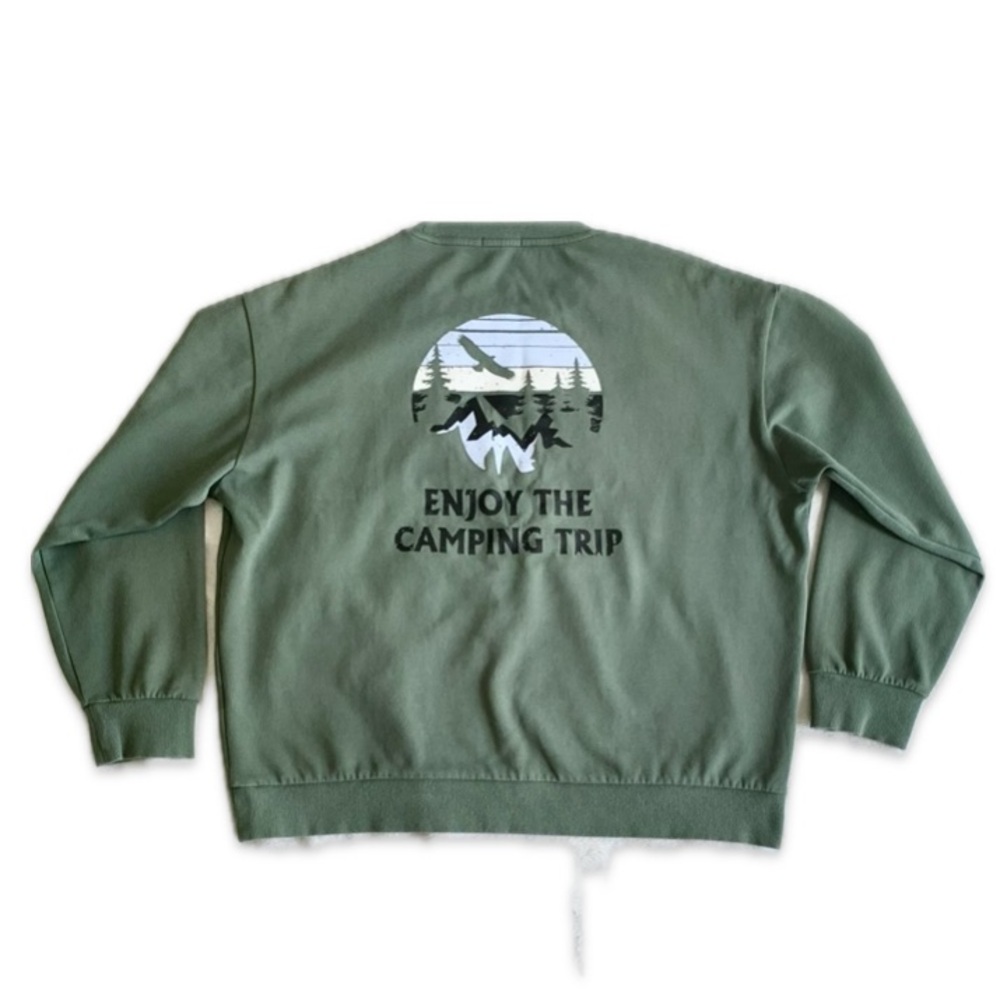 Green Sweatshirt with Camping Graphic
